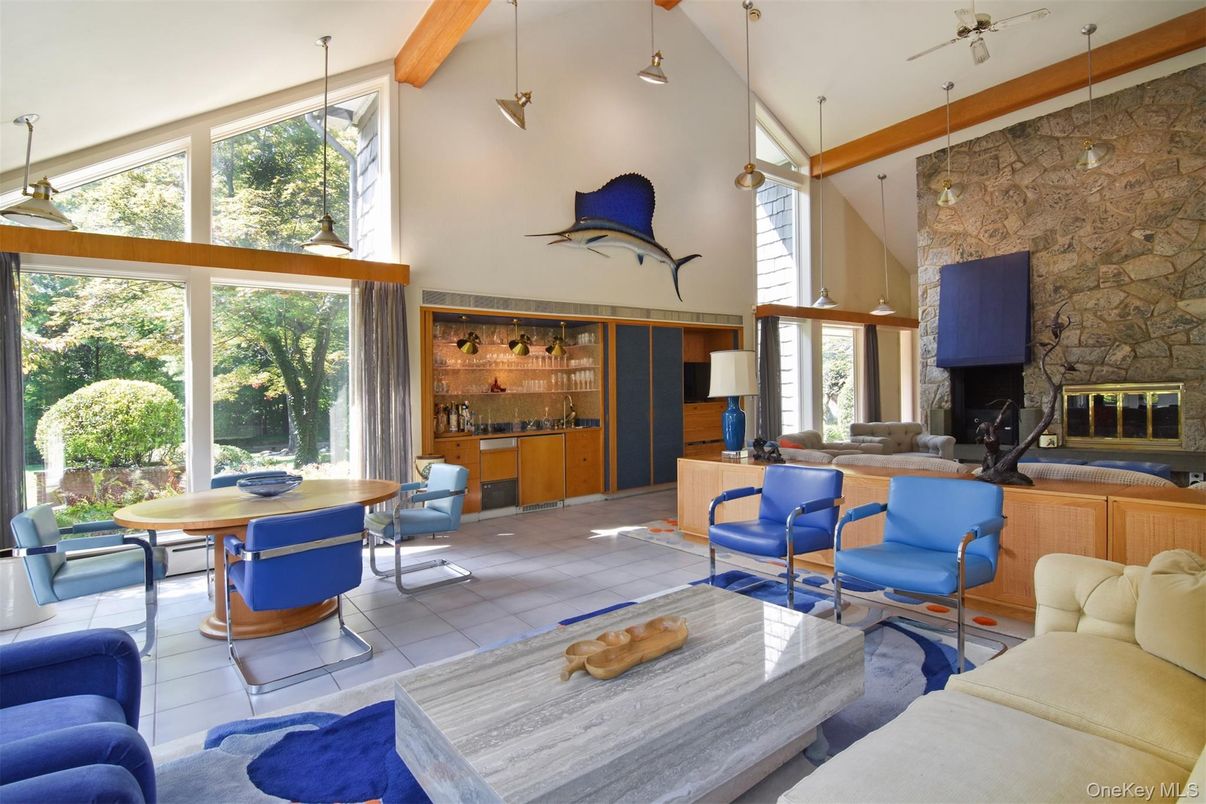 Dining room, Fireplace, Interior, Living room, Pendant Lights, Stone Walls
