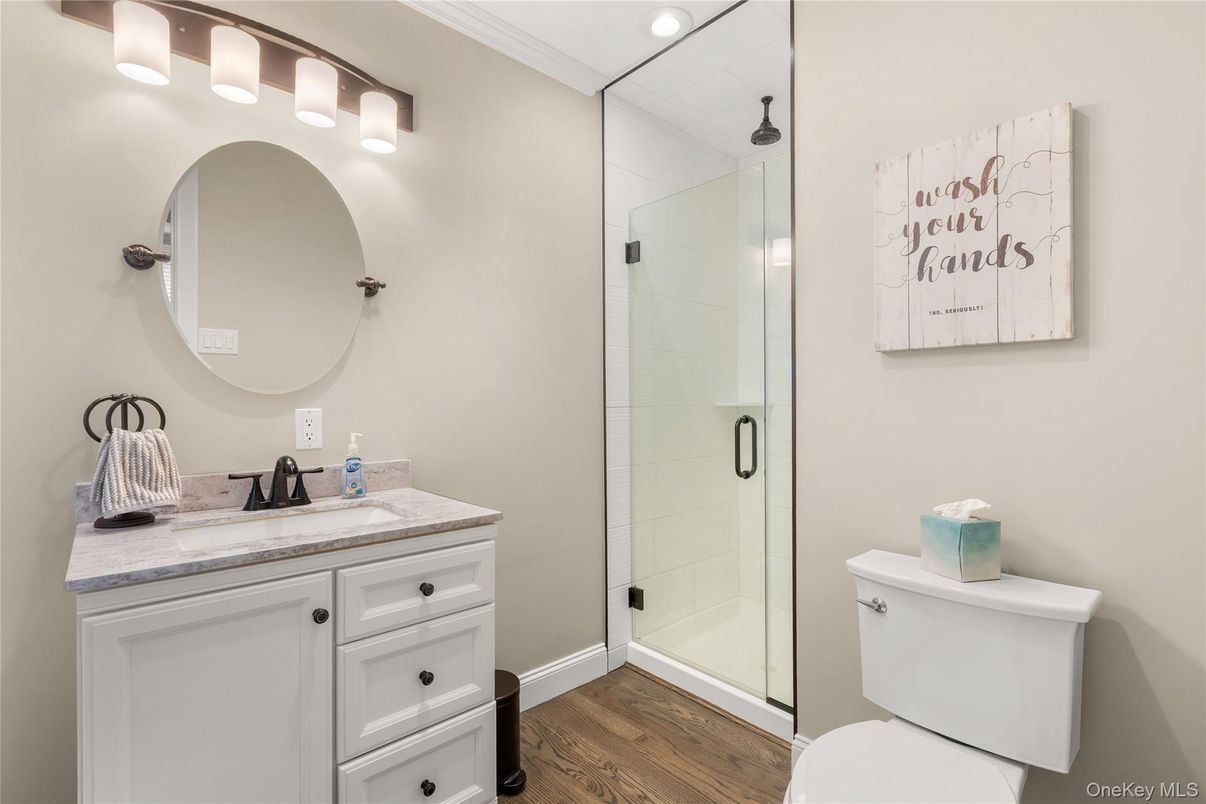 Bathroom, Glass Shower, Interior, Recessed Lighting, Wood Texture Flooring