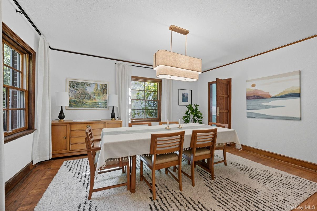 Dining room, Interior, Pendant Lights, Wood Texture Flooring