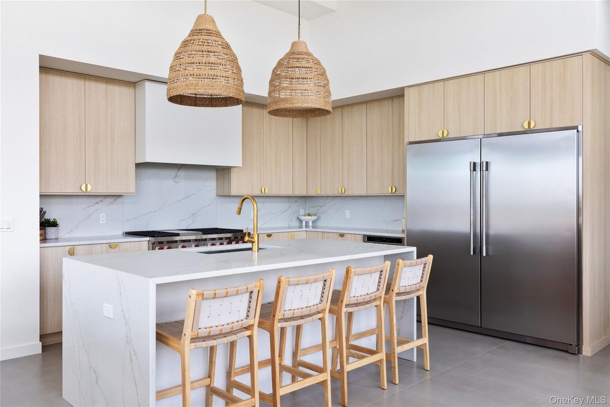 Interior, Kitchen, Marble Walls, Pendant Lights, Stainless Steel Appliances