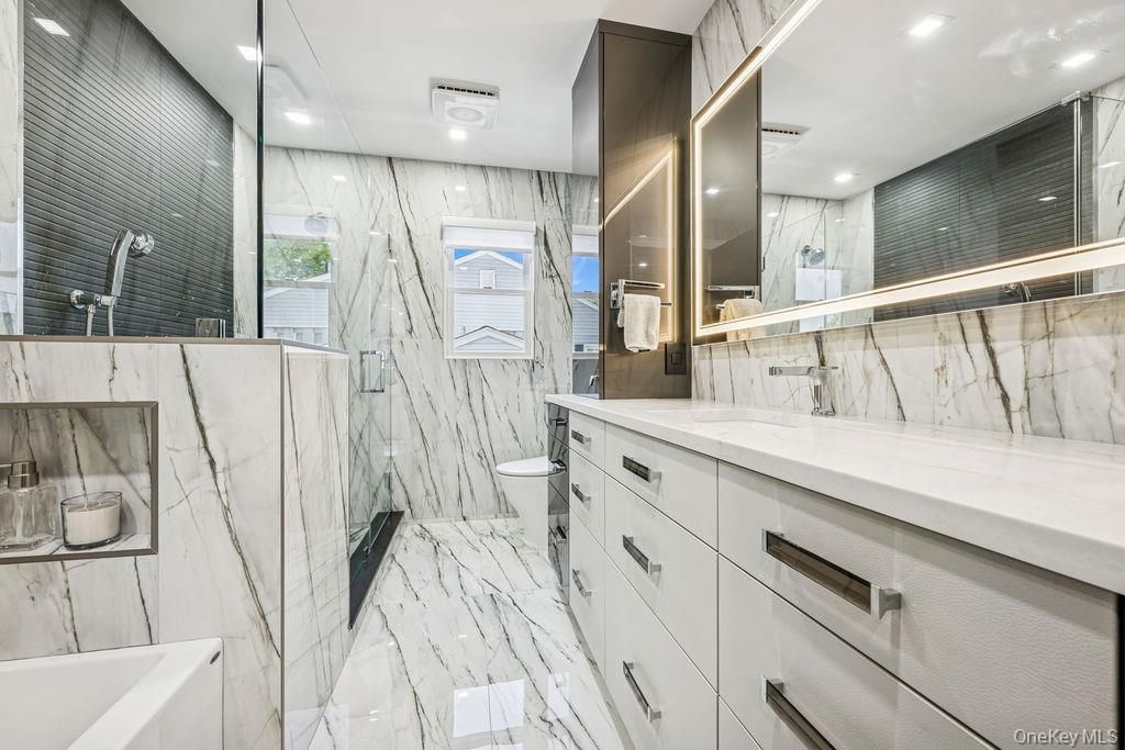 Bathroom, Glass Shower, Interior, Marble, Marble Walls, Recessed Lighting