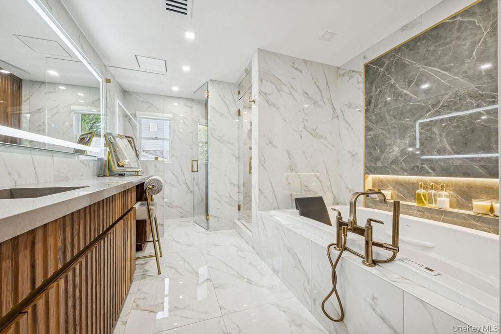 Bathroom, Glass Shower, Interior, Marble, Marble Walls, Recessed Lighting