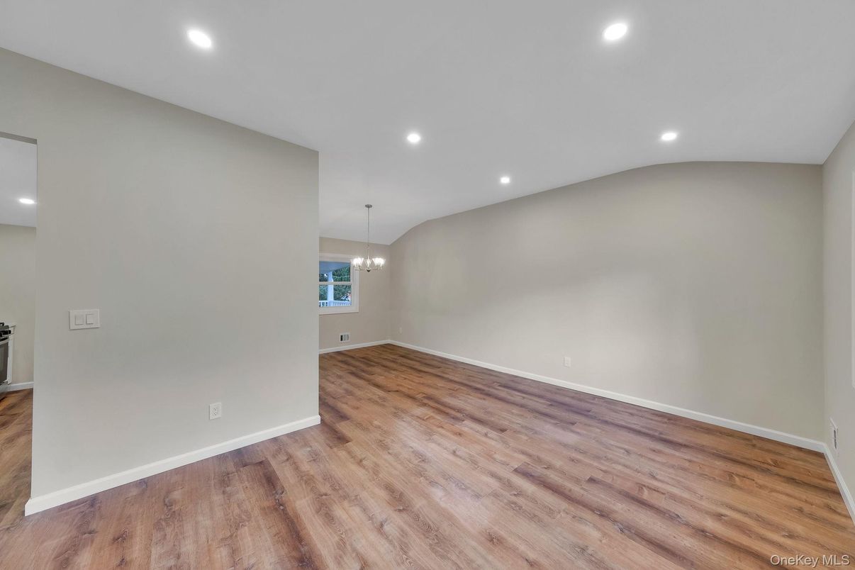 Chandelier, Empty room, Interior, Recessed Lighting, Wood Texture Flooring