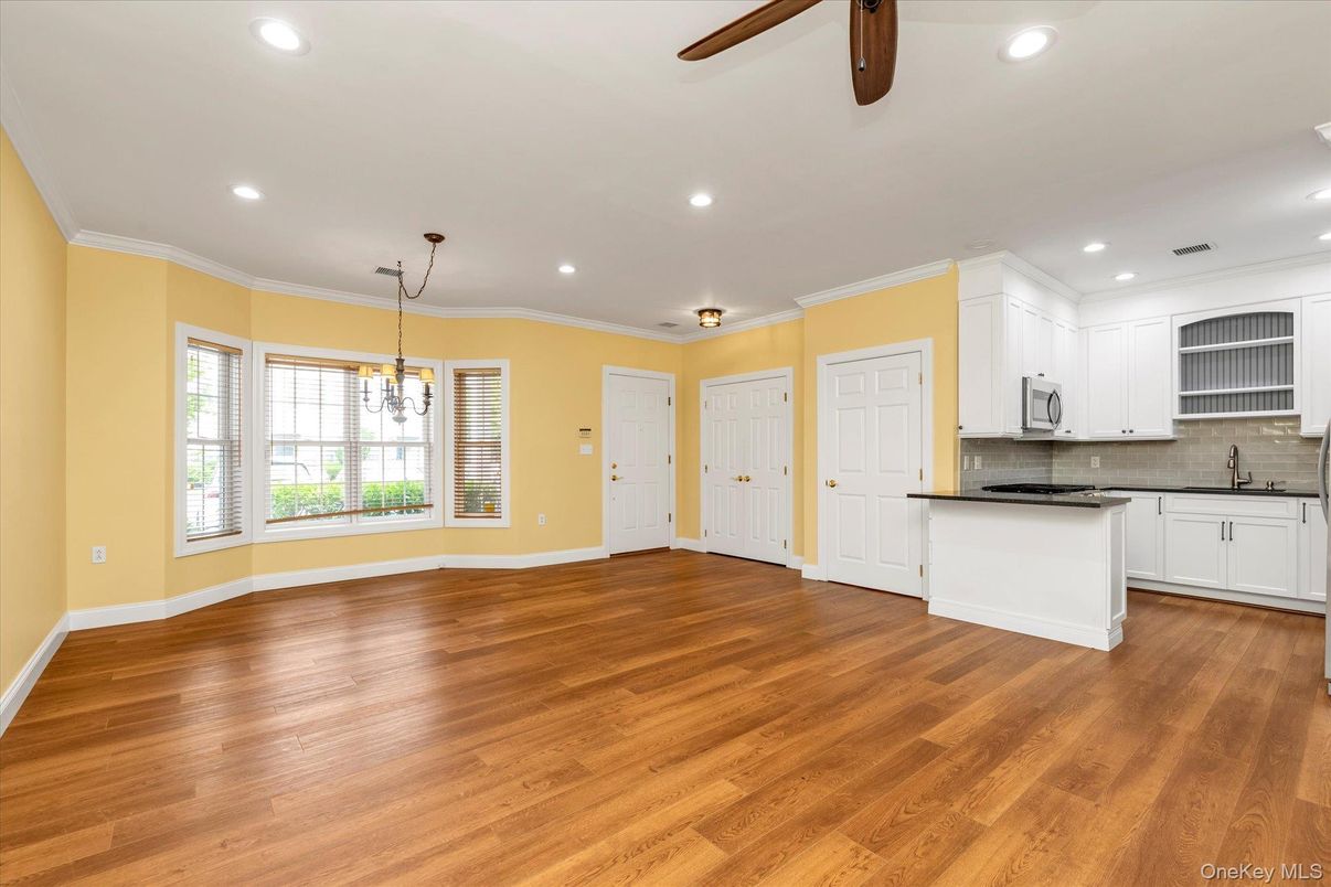 Chandelier, Empty room, Interior, Kitchen, Recessed Lighting, Wood Texture Flooring