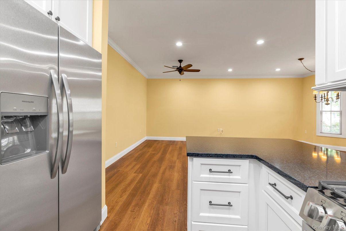 Interior, Kitchen, Recessed Lighting, Stainless Steel Appliances, Wood Texture Flooring