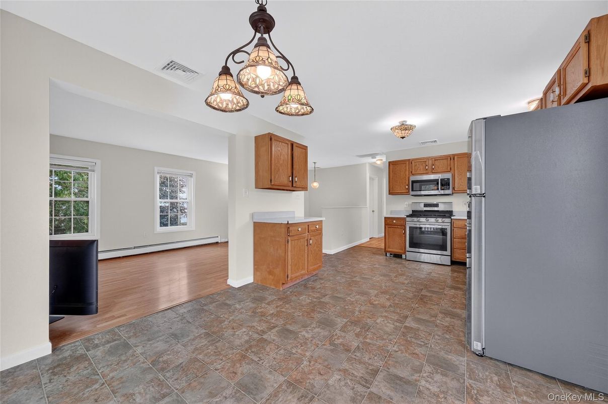 Interior, Kitchen, Pendant Lights, Stainless Steel Appliances, Wood Texture Flooring