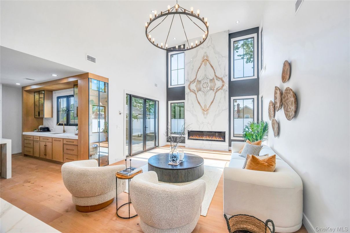 Fireplace, Interior, Living room, Pendant Lights, Recessed Lighting, Wood Texture Flooring