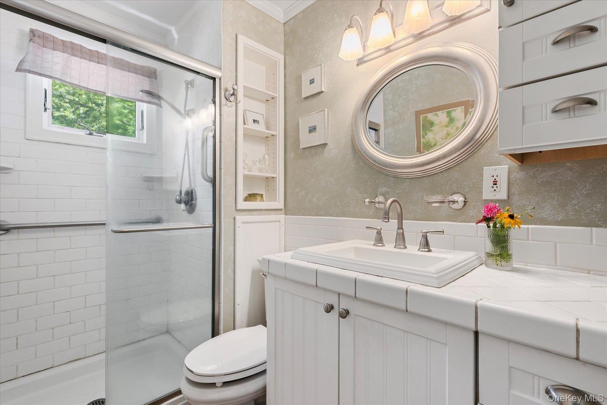 Bathroom, Glass Shower, Interior, Tile Countertops