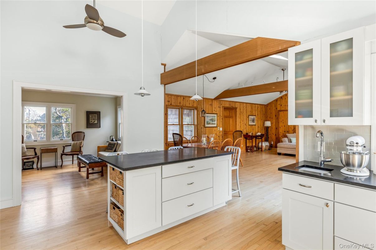 Dining room, Interior, Kitchen, Pendant Lights, Wooden Beams, Wood Texture Flooring, Wooden Walls