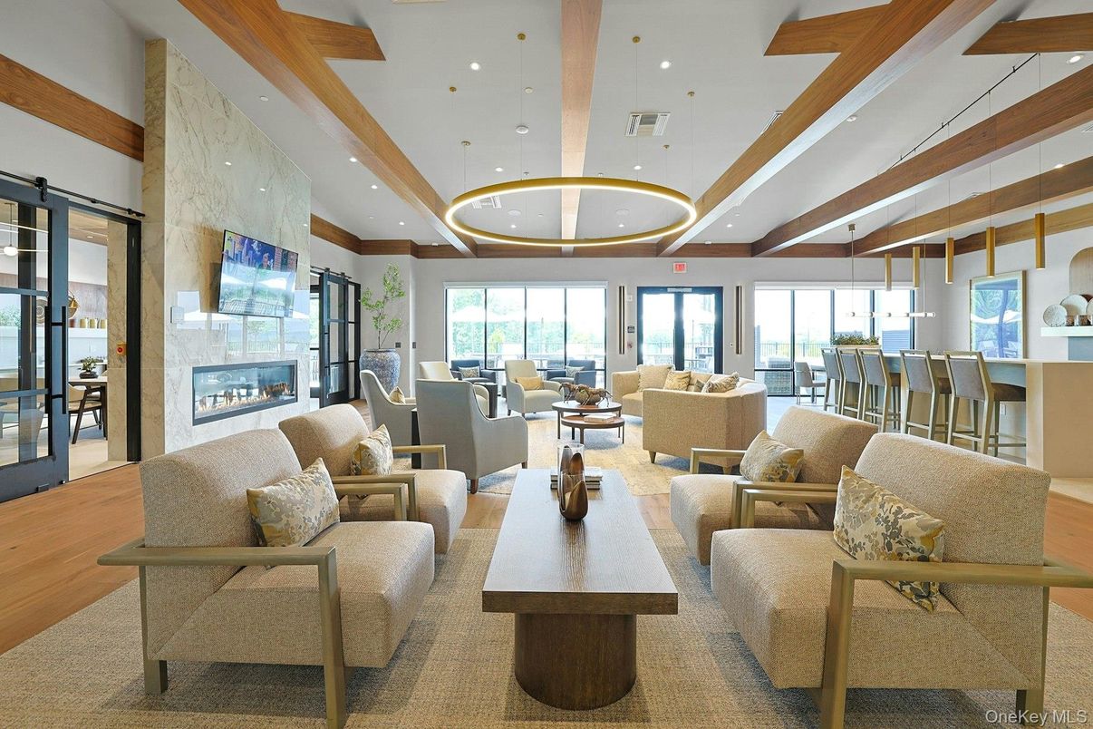 Dining room, Fireplace, Interior, Living room, Pendant Lights, Recessed Lighting, Wooden Beams, Wood Texture Flooring