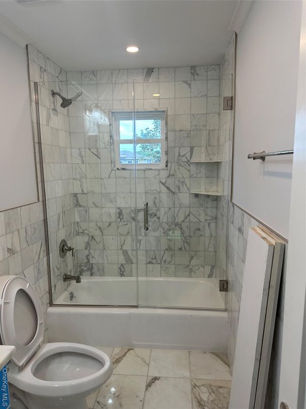 Bathroom, Glass Shower, Interior, Marble, Marble Walls, Recessed Lighting