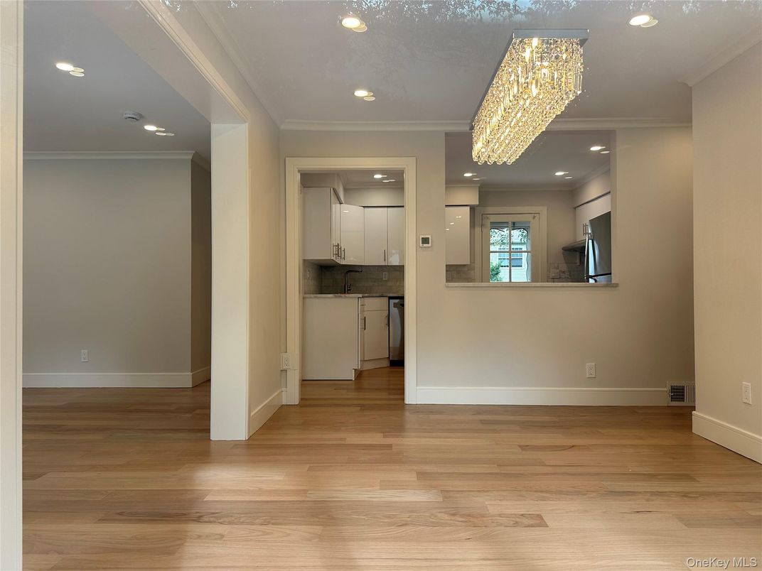 Chandelier, Empty room, Interior, Kitchen, Recessed Lighting, Wood Texture Flooring