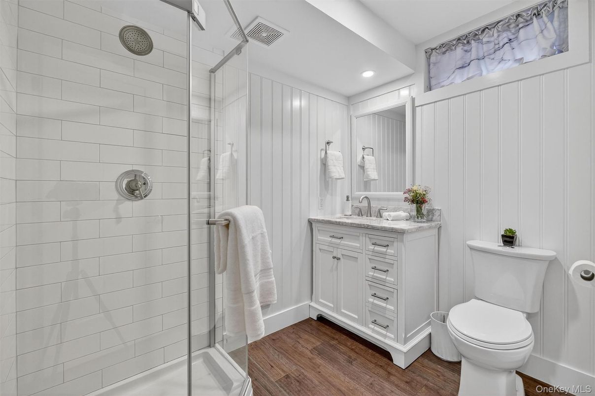 Bathroom, Glass Shower, Interior, Recessed Lighting, Wood Texture Flooring