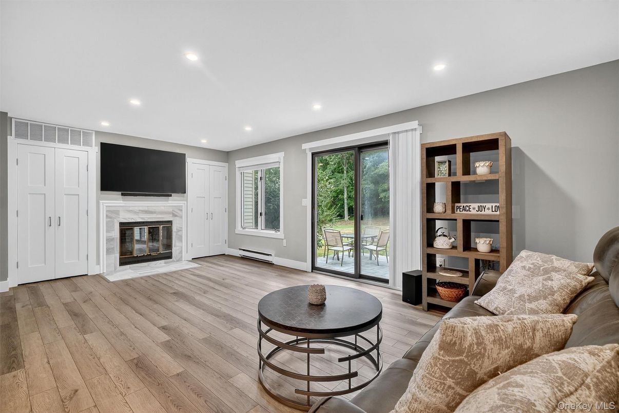 Fireplace, Interior, Living room, Recessed Lighting, Wood Texture Flooring