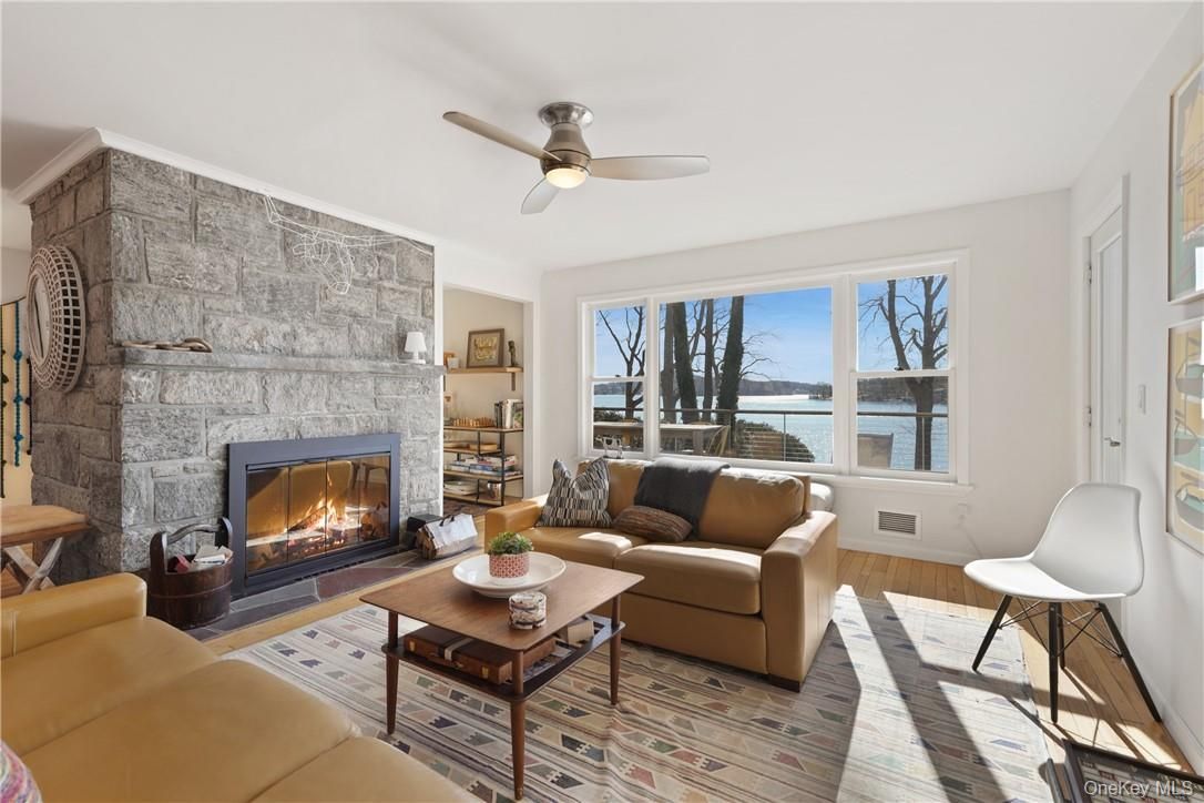 Fireplace, Interior, Living room, Stone Walls, Water, Wood Texture Flooring