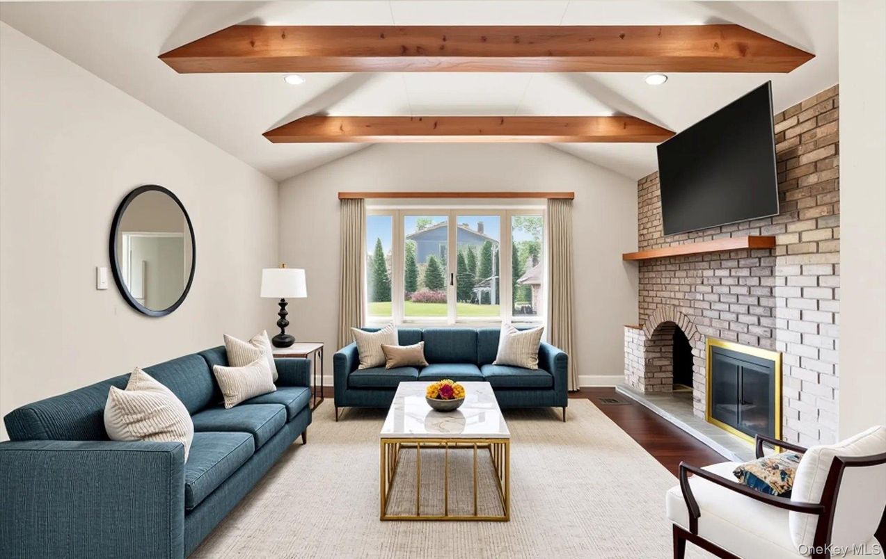 Fireplace, Interior, Living room, Recessed Lighting, Stone Walls, Wooden Beams, Wood Texture Flooring