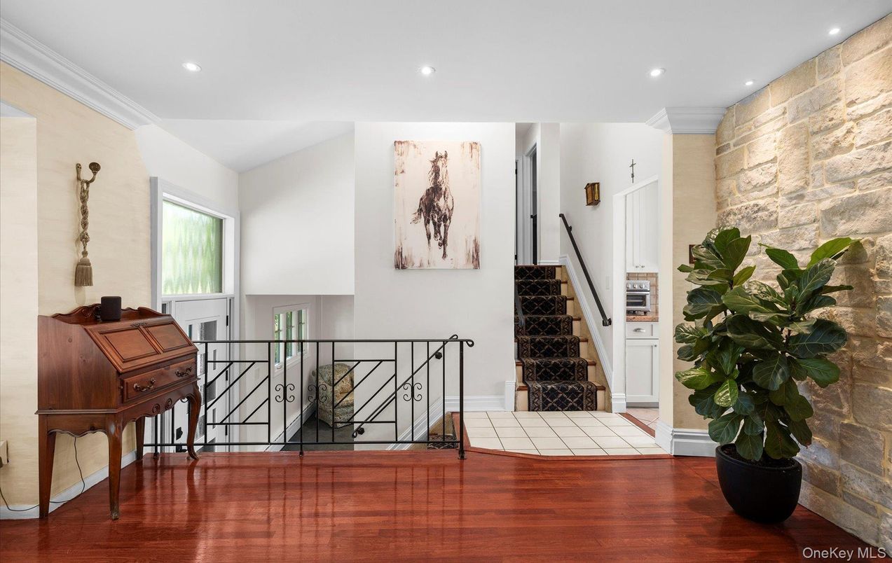 Interior, Piano, Recessed Lighting, Stone Walls, Wood Texture Flooring