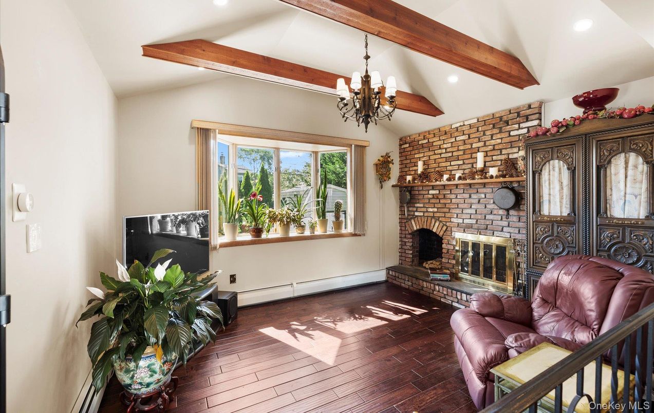 Chandelier, Fireplace, Interior, Recessed Lighting, Stone Walls, Wooden Beams, Wood Texture Flooring