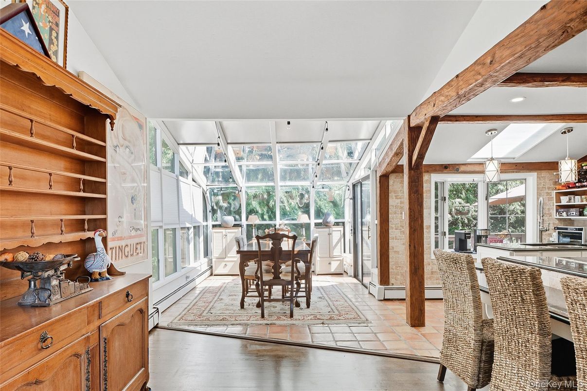 Dining room, Interior, Recessed Lighting, Stone Walls, Sun Room, Wooden Beams