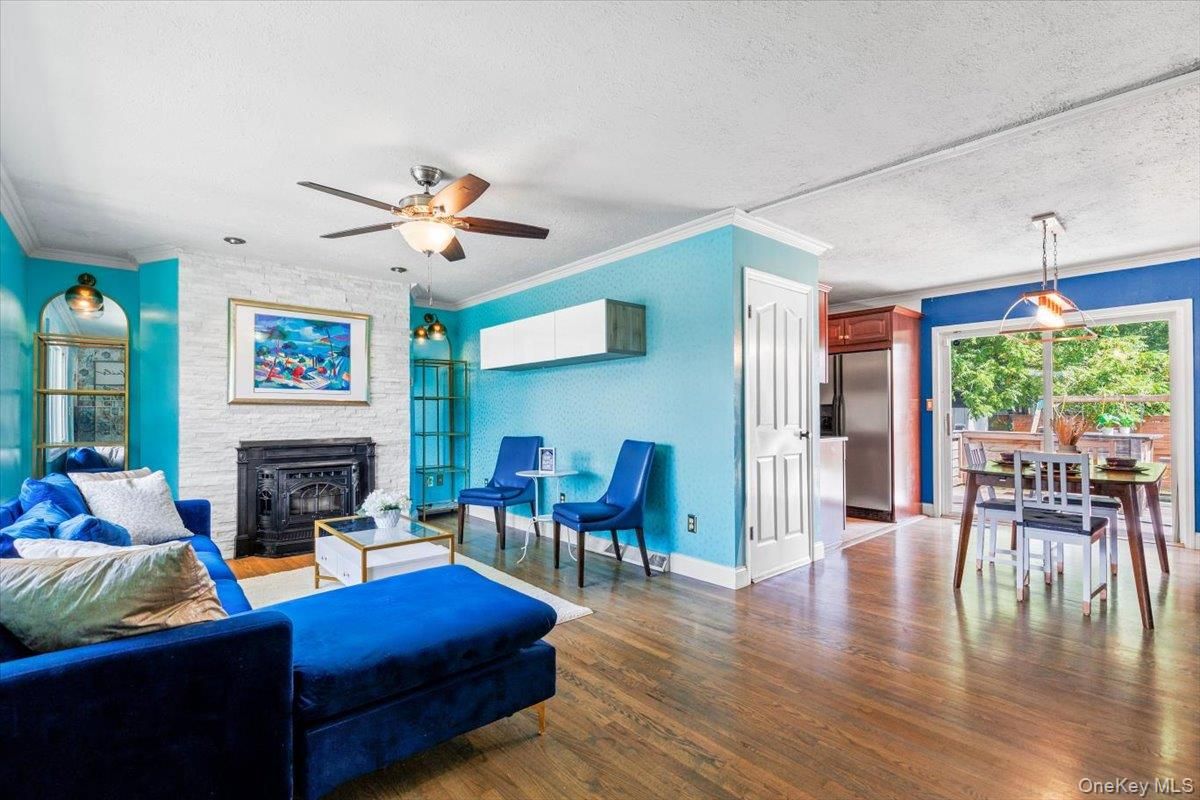Dining room, Fireplace, Interior, Kitchen, Living room, Pendant Lights, Wood Texture Flooring