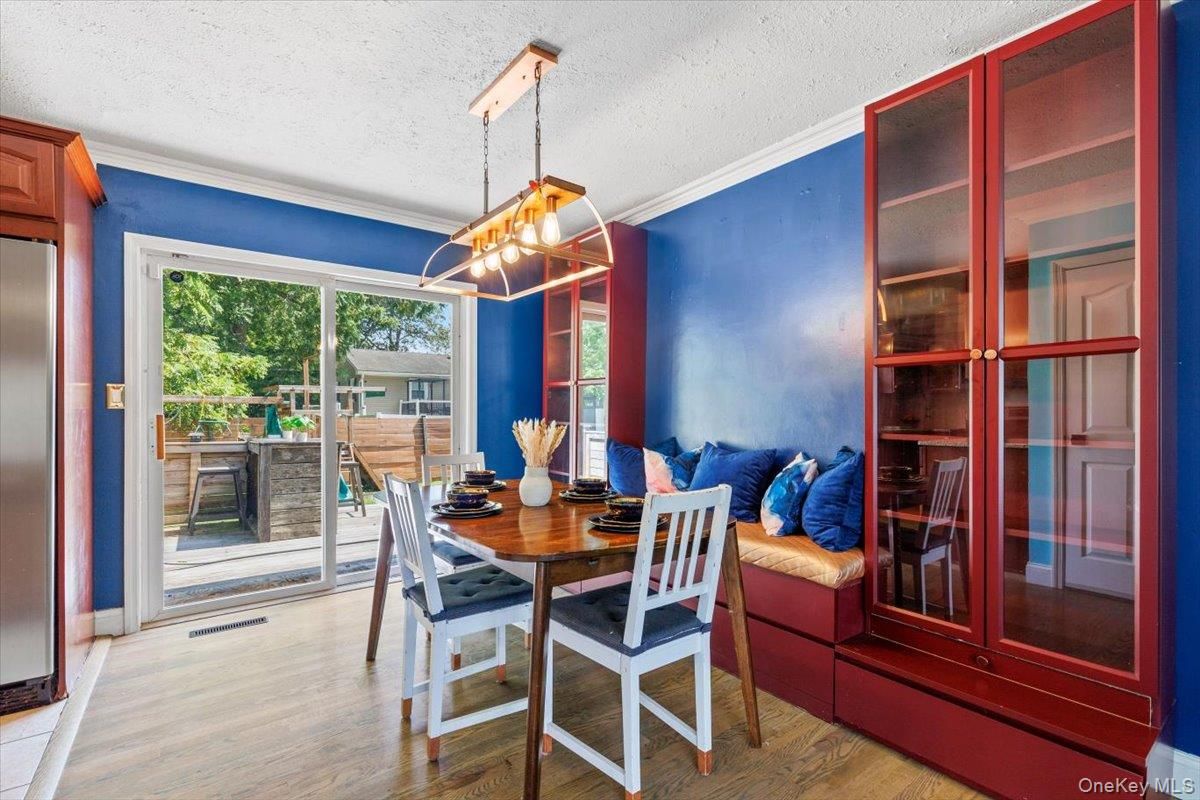 Dining room, Interior, Pendant Lights, Wood Texture Flooring