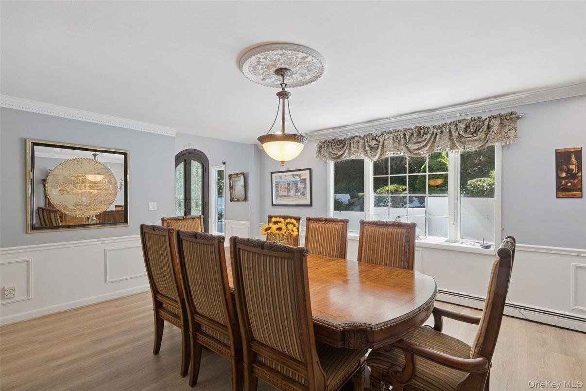 Dining room, Interior, Pendant Lights, Wood Texture Flooring