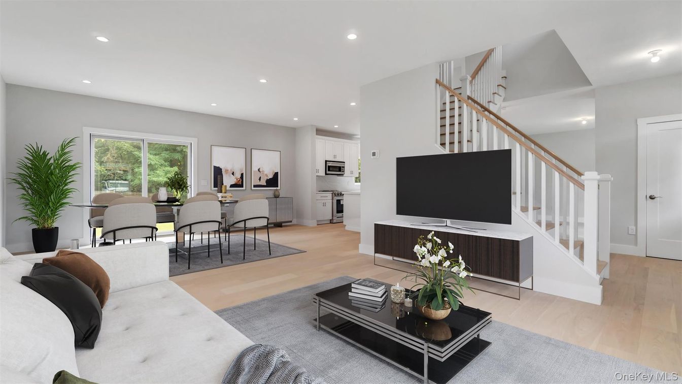 Dining room, Interior, Kitchen, Living room, Recessed Lighting, Stainless Steel Appliances, Wood Texture Flooring