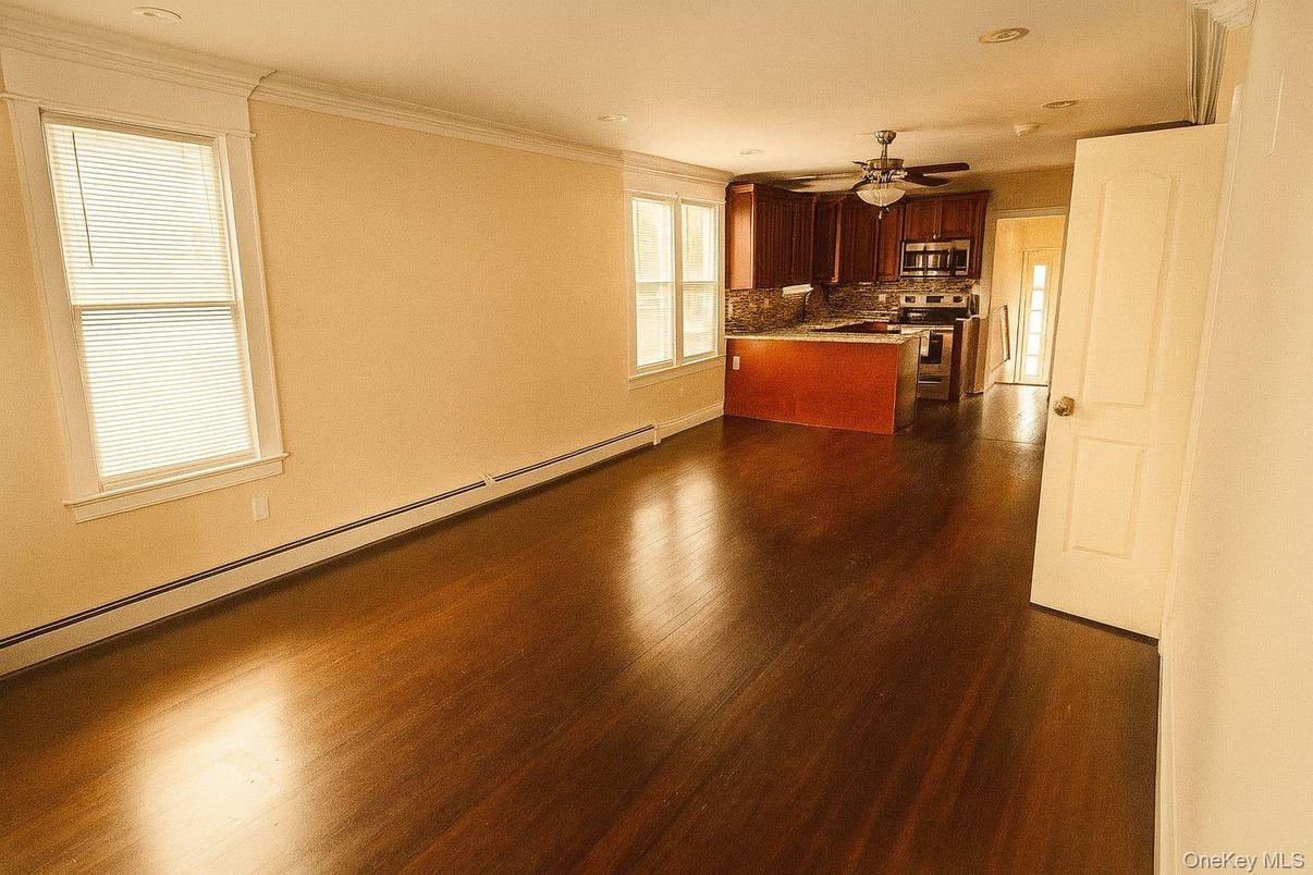 Empty room, Interior, Kitchen, Stainless Steel Appliances, Wood Texture Flooring