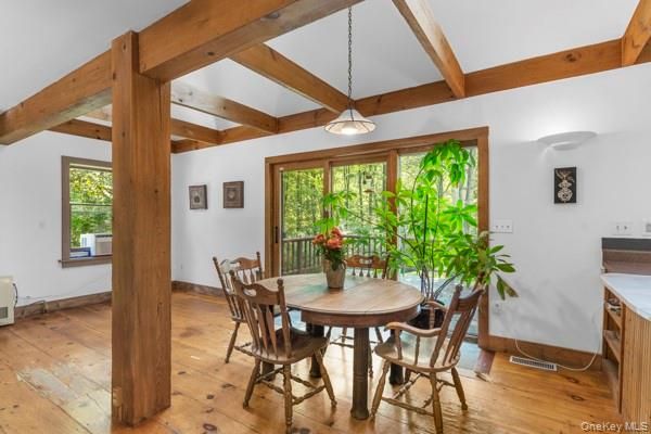 Dining room, Interior, Pendant Lights, Wooden Beams, Wood Texture Flooring