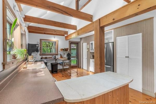 Dining room, Interior, Kitchen, Stainless Steel Appliances, Wooden Beams, Wood Texture Flooring