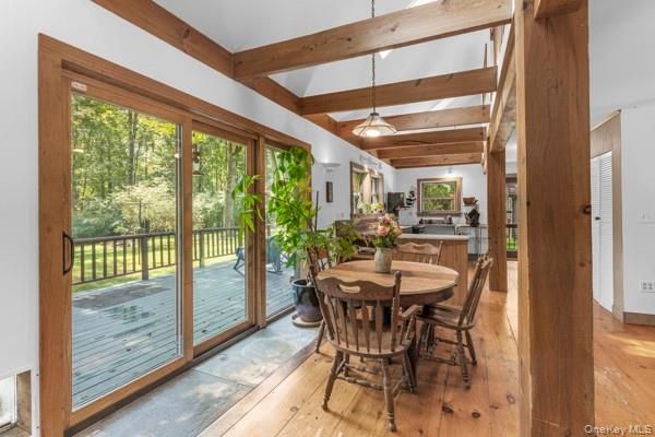 Dining room, Interior, Pendant Lights, Wooden Beams, Wood Texture Flooring