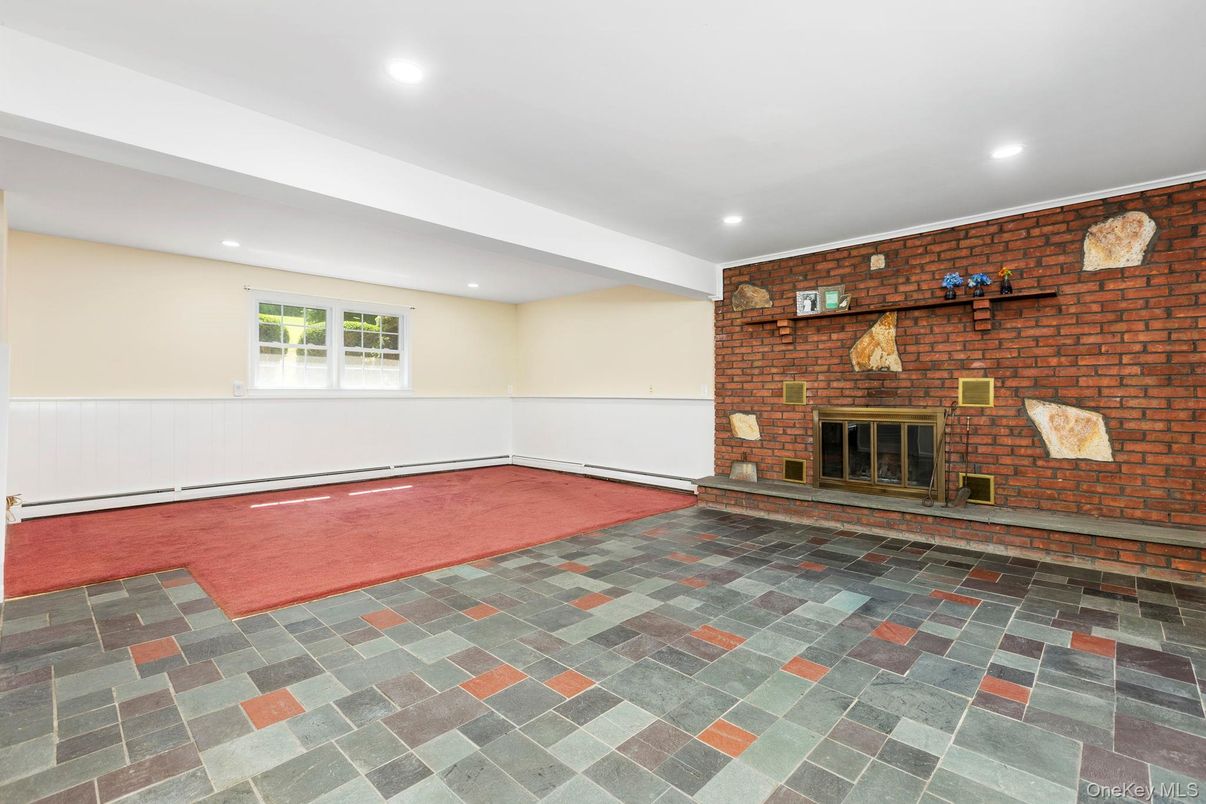 Empty room, Fireplace, Interior, Recessed Lighting, Stone Walls
