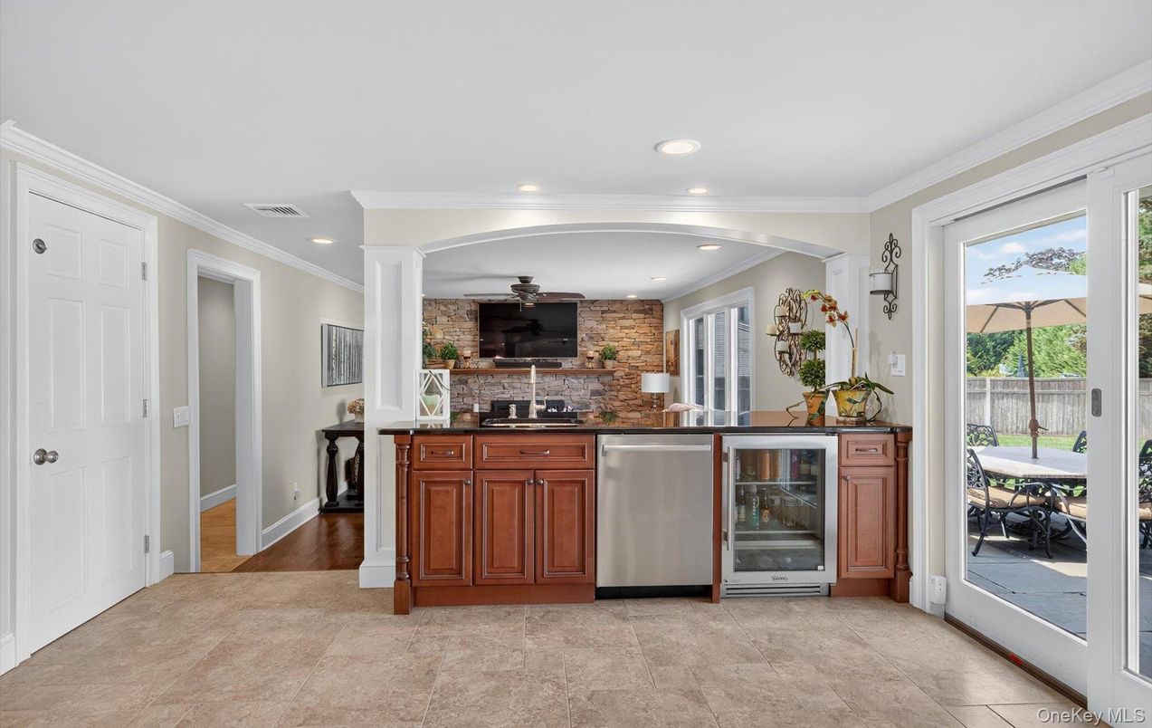 Interior, Kitchen, Recessed Lighting, Stainless Steel Appliances, Stone Walls, Wood Texture Flooring