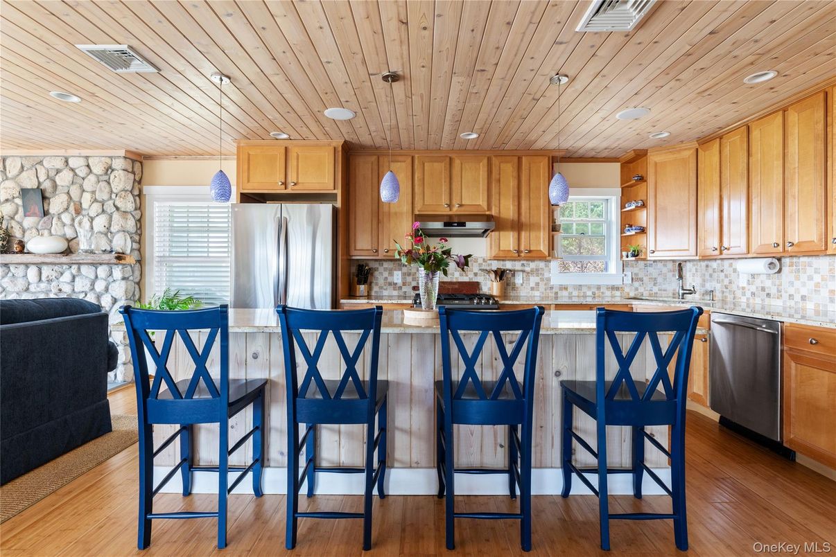 Fireplace, Interior, Kitchen, Pendant Lights, Recessed Lighting, Stone Walls, Wooden Ceilings, Wood Texture Flooring