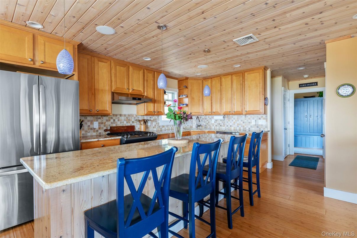 Interior, Kitchen, Pendant Lights, Recessed Lighting, Stainless Steel Appliances, Wooden Ceilings, Wood Texture Flooring
