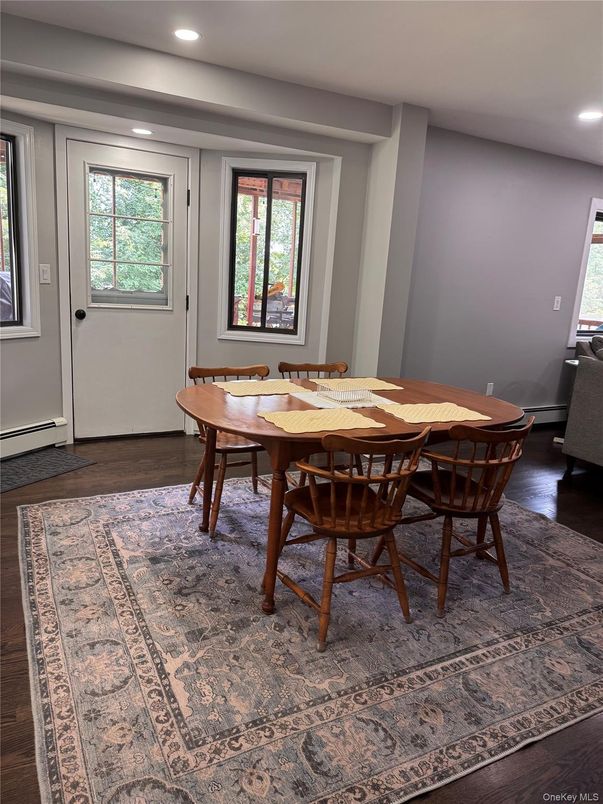 Dining room, Interior, Recessed Lighting, Wood Texture Flooring