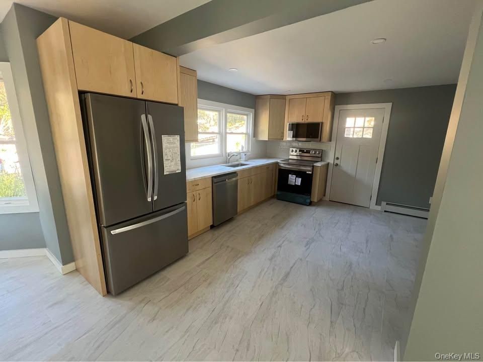 Interior, Kitchen, Marble, Recessed Lighting, Stainless Steel Appliances, Wood Texture Flooring