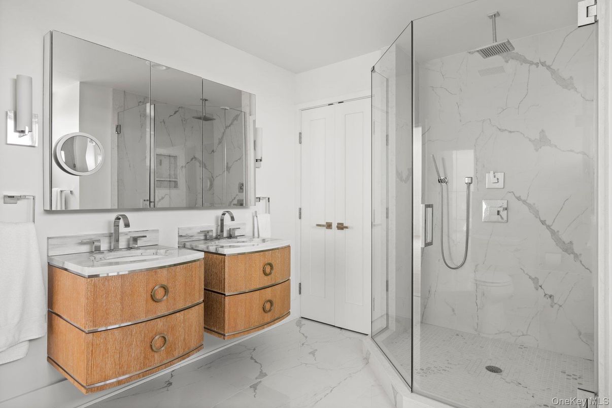 Bathroom, Dual Sink Vanities, Glass Shower, Interior, Marble, Marble Walls