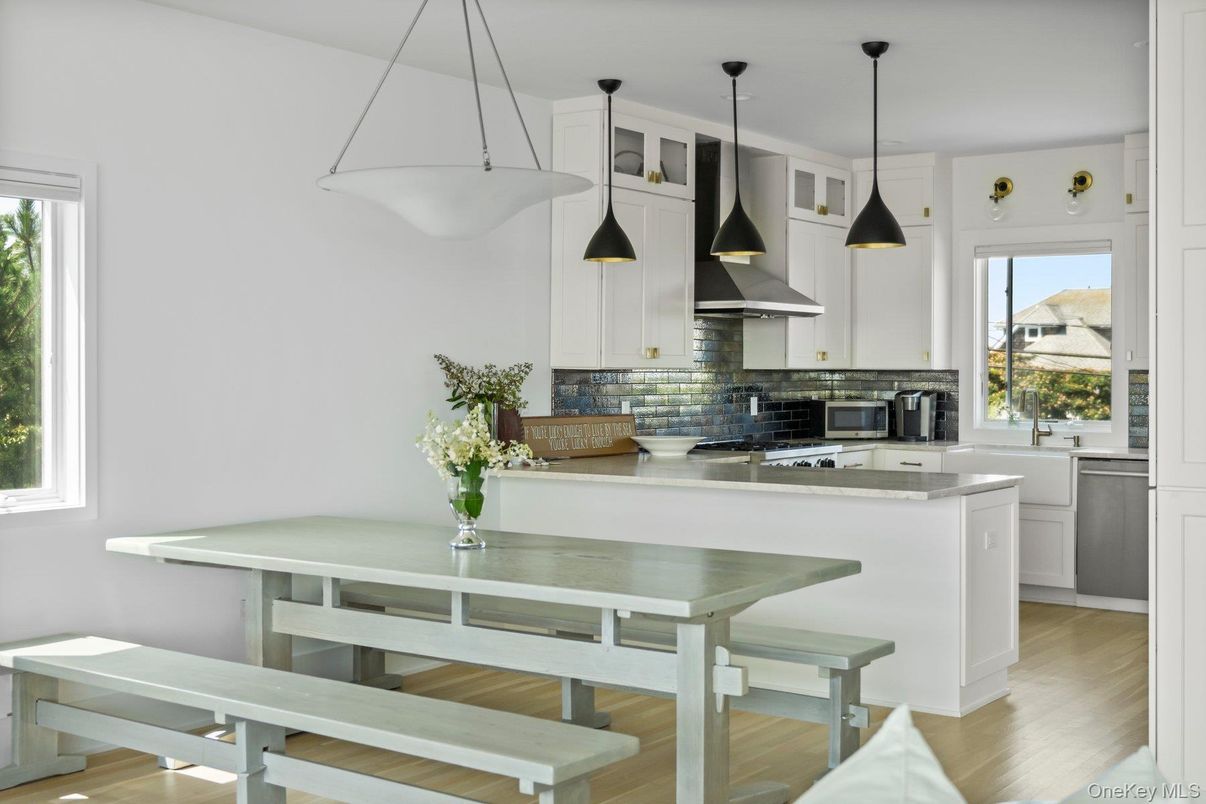 Interior, Kitchen, Pendant Lights, Stainless Steel Appliances, Wood Texture Flooring