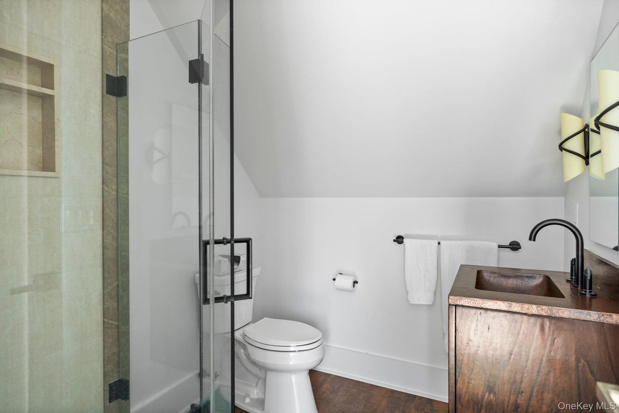 Bathroom, Glass Shower, Interior, Wood Texture Flooring