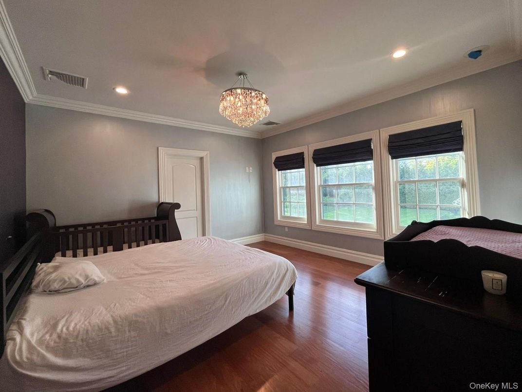 Bedroom, Chandelier, Interior, Recessed Lighting, Wood Texture Flooring