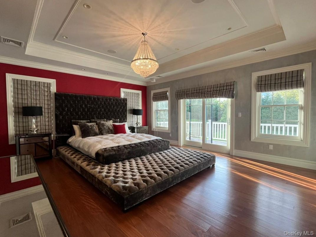 Bedroom, Chandelier, Interior, Recessed Lighting, Wood Texture Flooring
