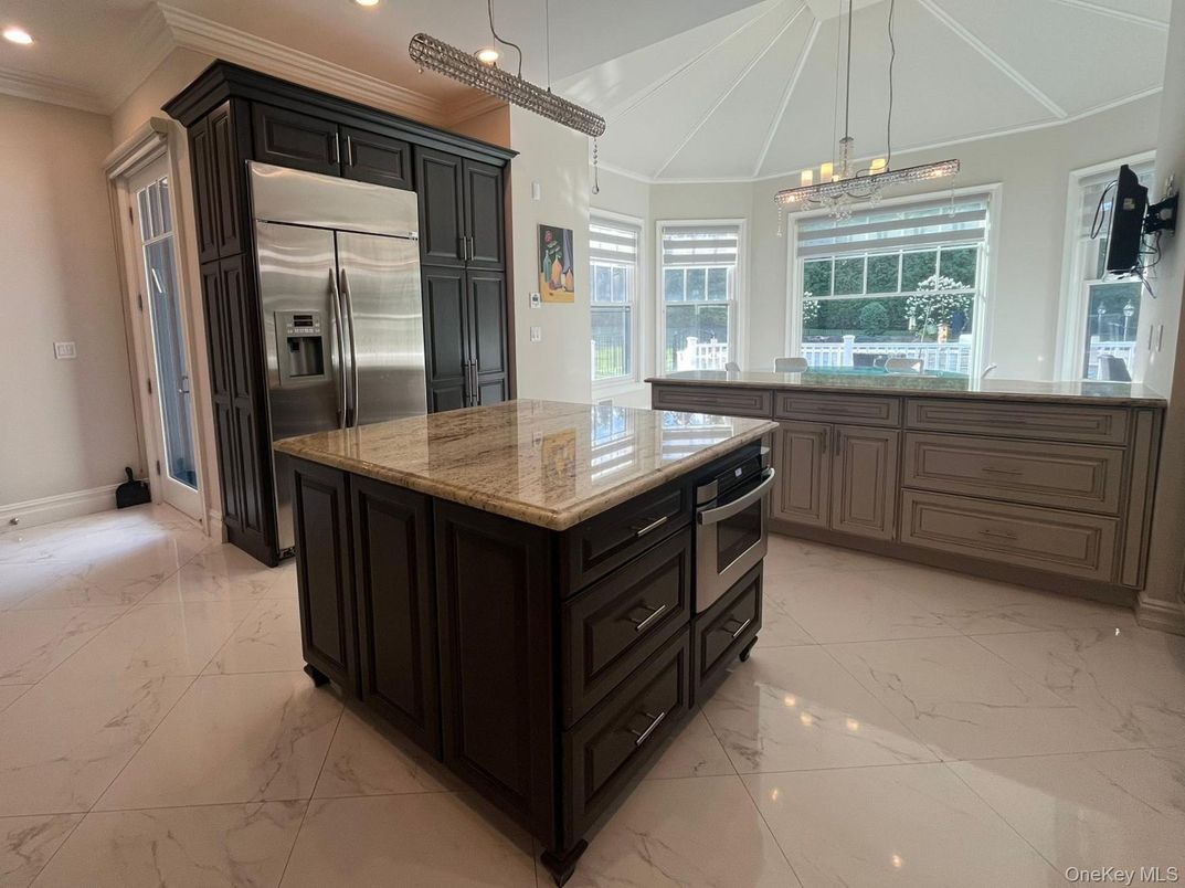 Interior, Kitchen, Marble, Pendant Lights, Recessed Lighting, Stainless Steel Appliances
