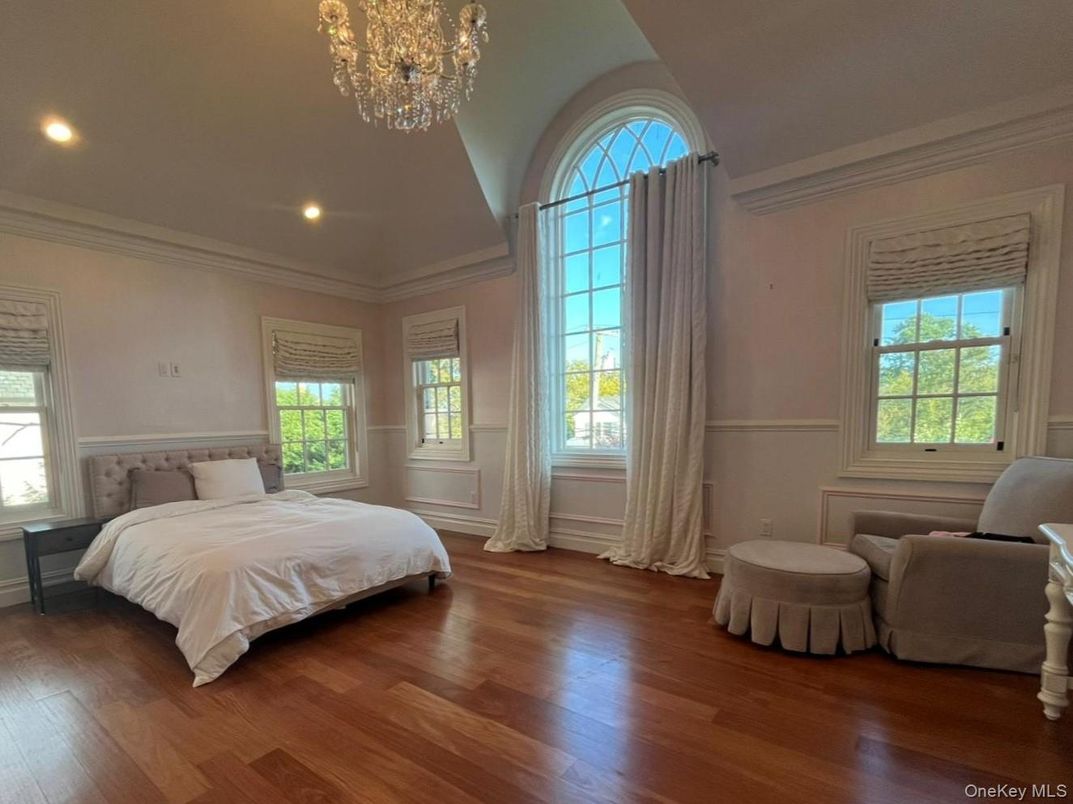 Bedroom, Chandelier, Interior, Recessed Lighting, Wood Texture Flooring