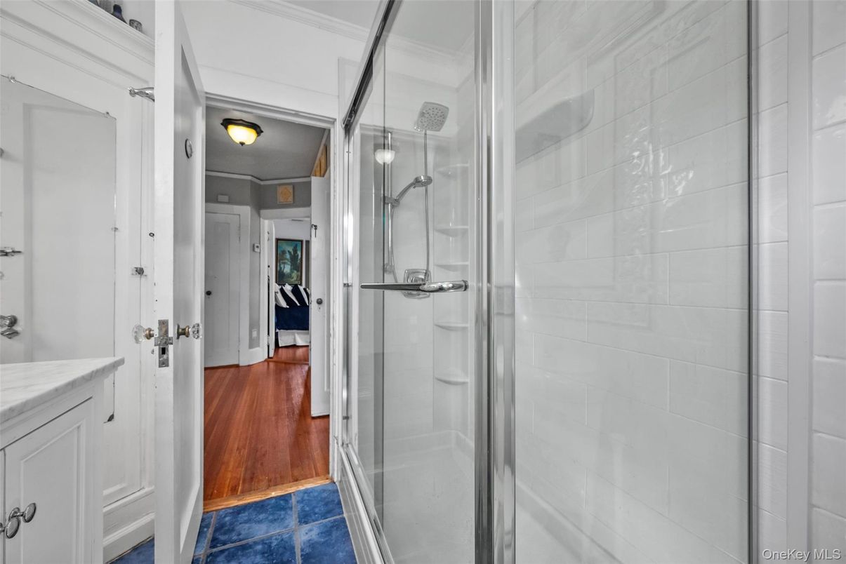 Bathroom, Glass Shower, Interior, Wood Texture Flooring