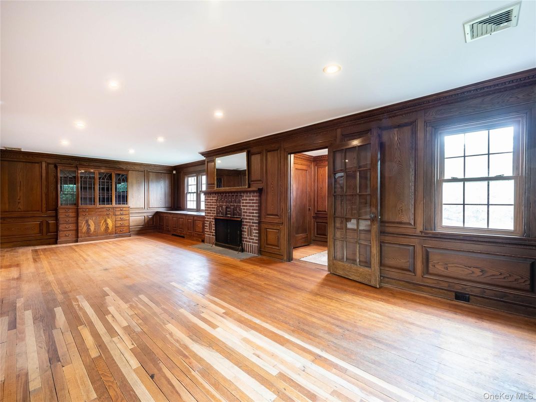Empty room, Fireplace, Interior, Recessed Lighting, Wood Texture Flooring, Wooden Walls