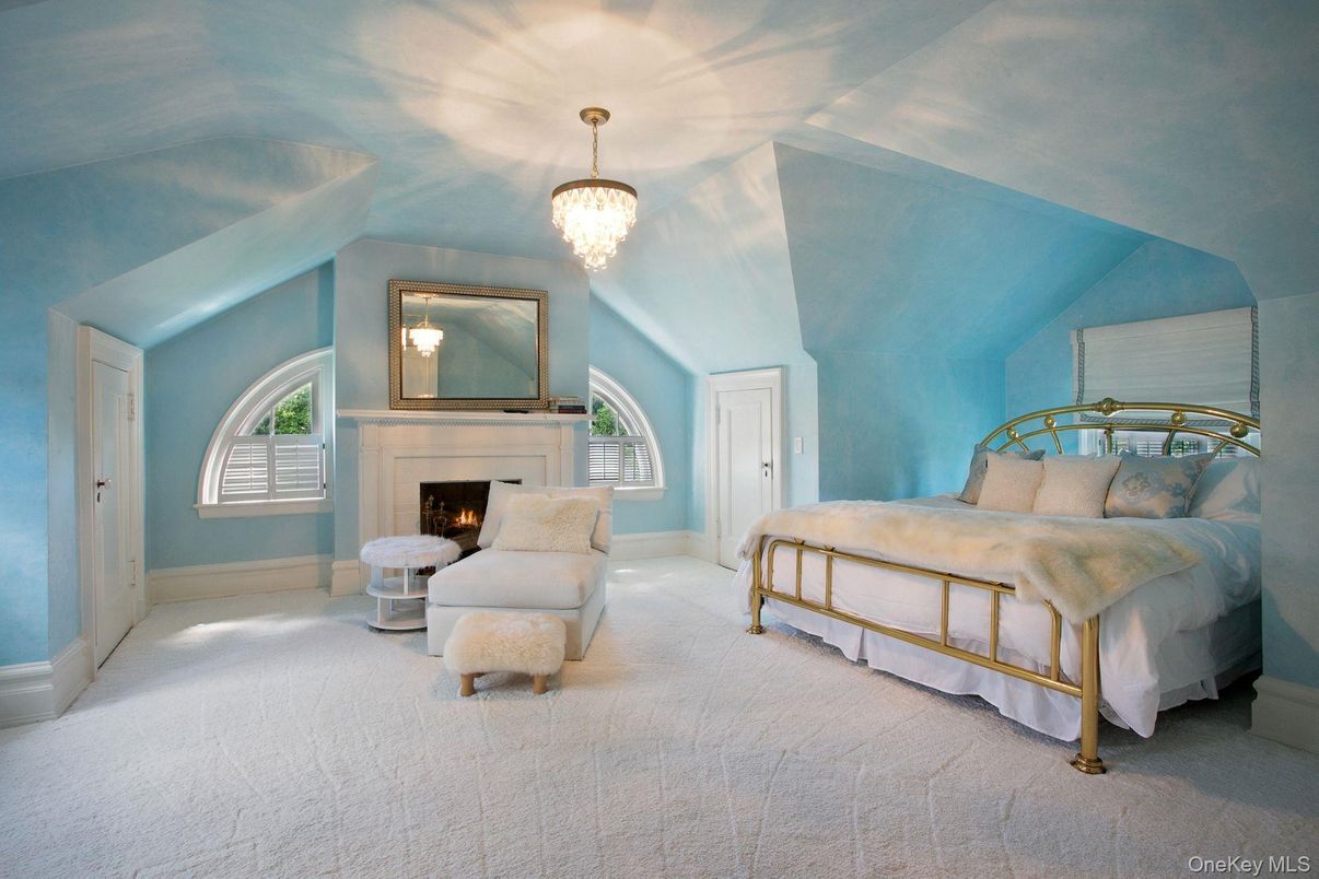 Bedroom, Chandelier, Fireplace, Interior