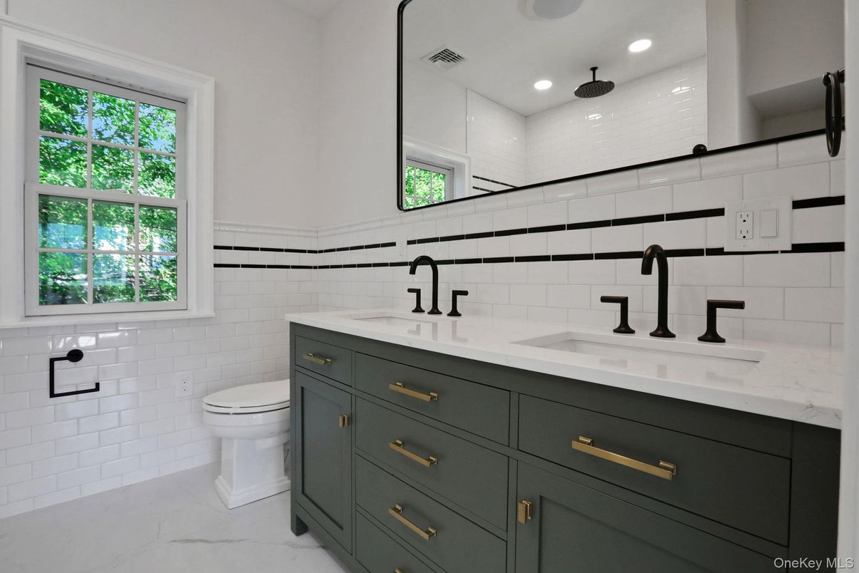 Bathroom, Dual Sink Vanities, Interior, Marble, Recessed Lighting