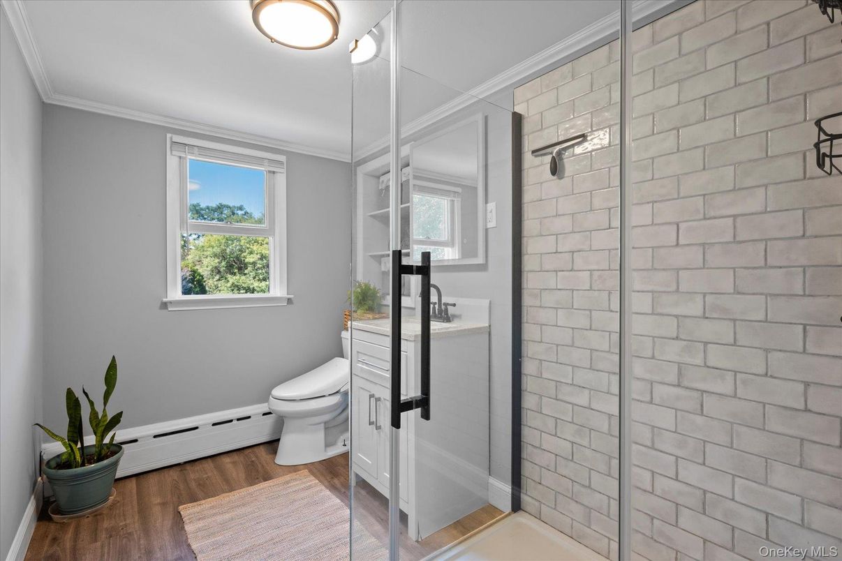 Bathroom, Interior, Stone Walls, Wood Texture Flooring