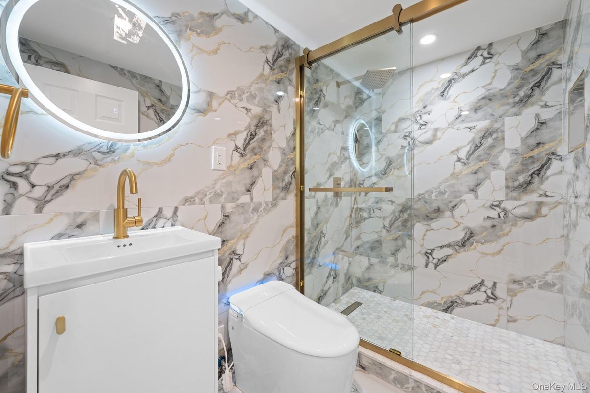 Bathroom, Glass Shower, Interior, Marble Walls, Recessed Lighting